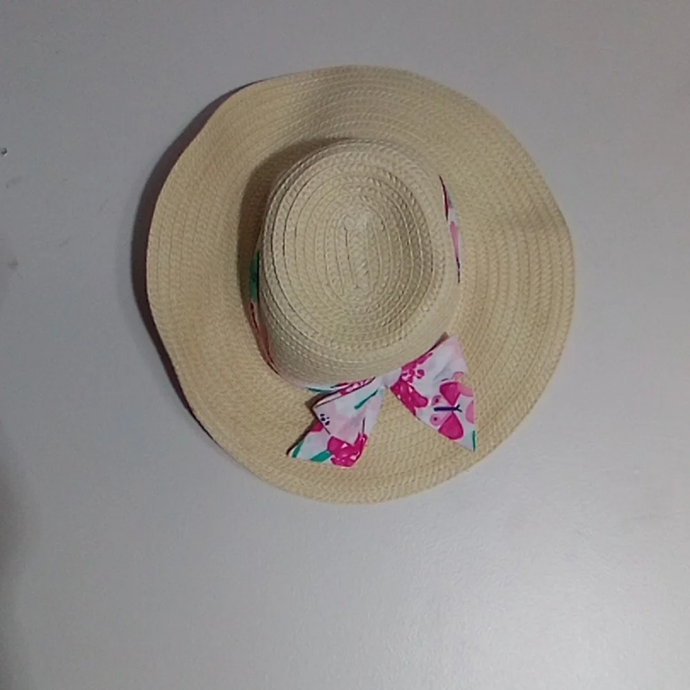 Gymboree Cream Straw Sun Hat with Pink Floral Tie 2T-3T